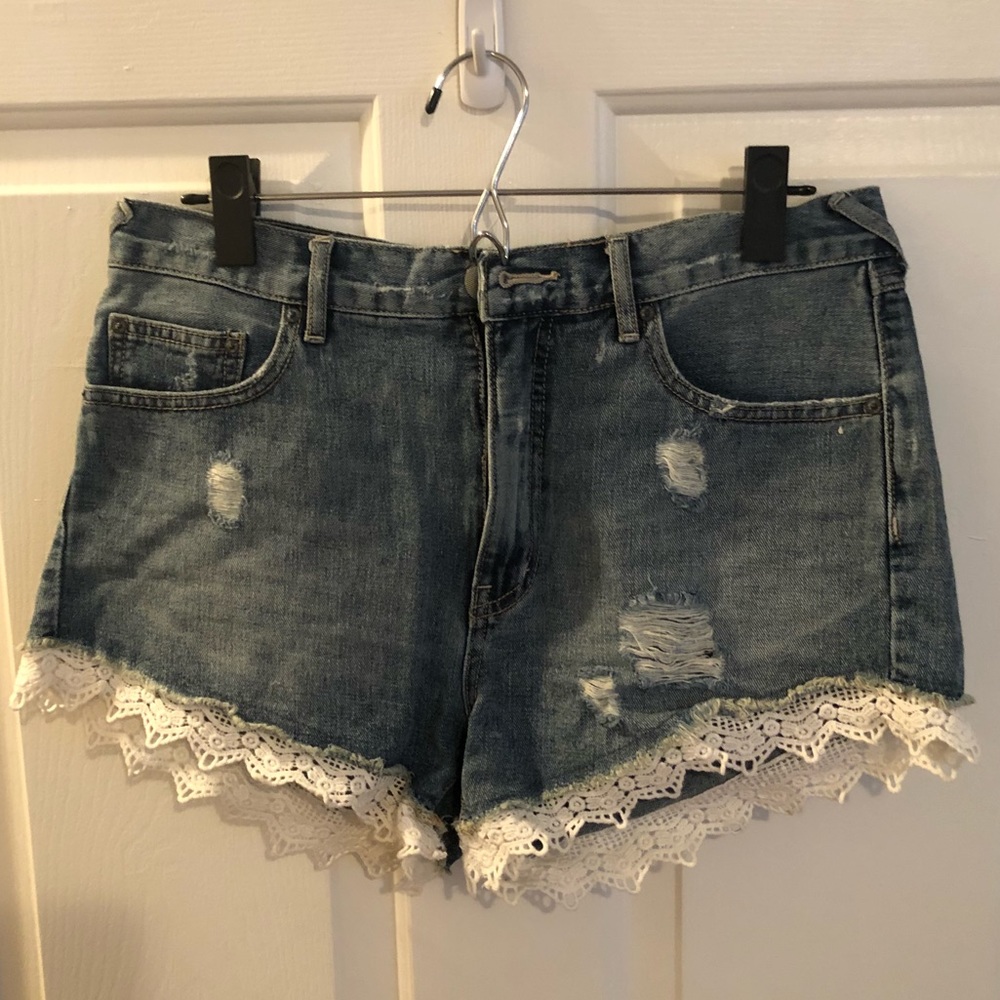 Free People high waisted lace jean shorts